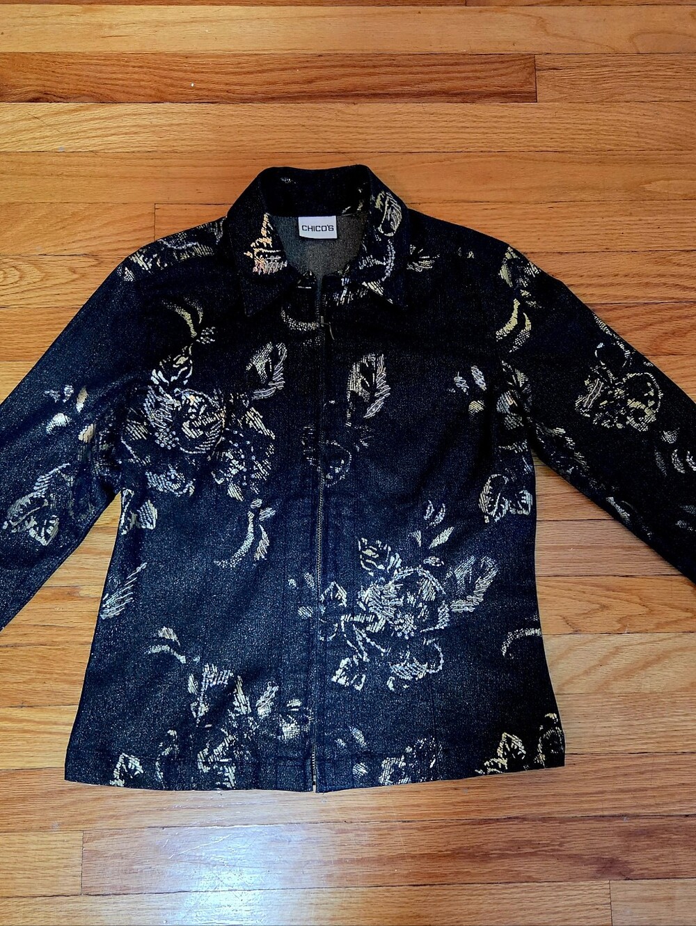 Chico's Black Jacket with Metallic Gold Floral Jacquard